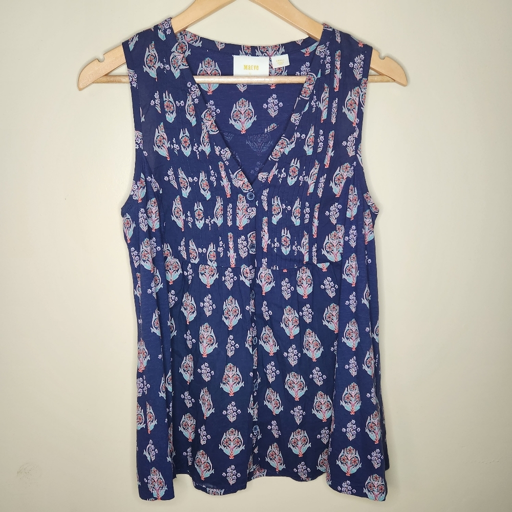 Maeve Anthropologie Bailee Pleated Sleeveless Top Button Front Blouse Navy sz Sm